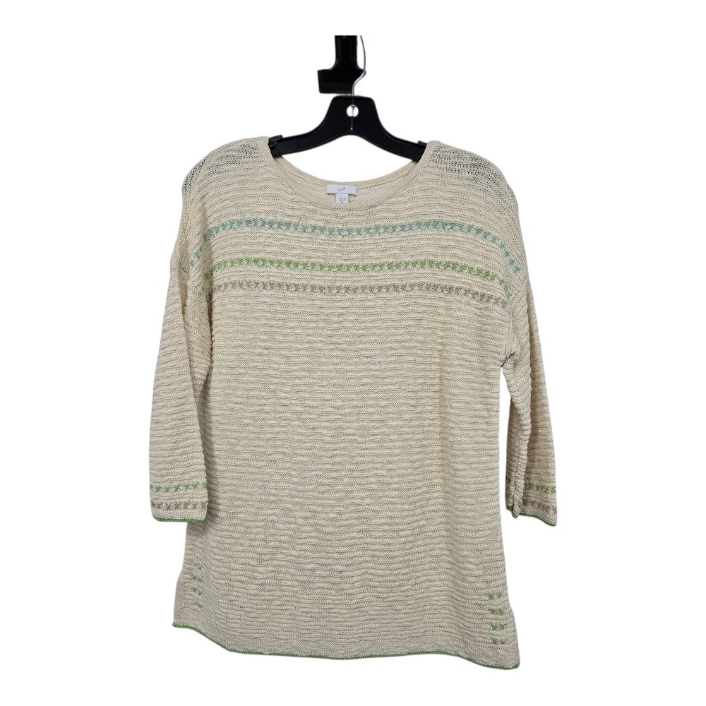 J. Jill Knit Pullover Sweater Women's XS Ivory Embroidery 3/4‎ Sleeve Cotton